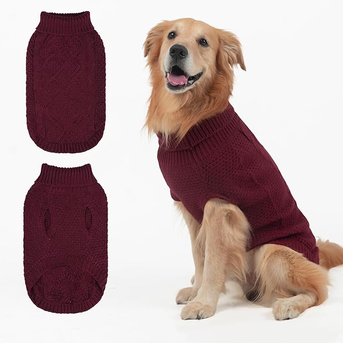 Mihachi Turtleneck Dog Sweater - Winter Coat Apparel Classic Cable Knit Clothes with Leash Hole for Cold Weather, Ideal Gift for Pet in New Year Wine Red L
