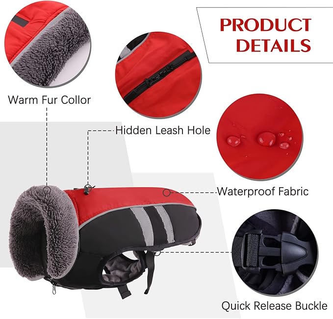 QBLEEV Warm Dog Coat Reflective Dog Winter Jacket, Waterproof Windproof Dog Turtleneck Clothes for Cold Weather Thicken Fleece Pet Dog Snowsuit Christmas Dog Vest Apparel for Small Medium Large Dogs M