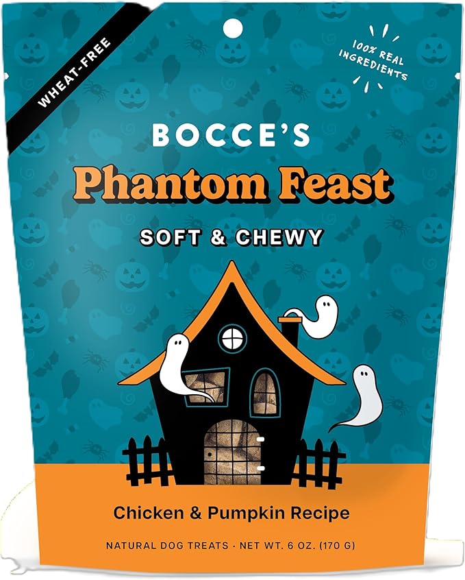 Bocce's Bakery Phantom Feast All-Natural Soft & Chewy Halloween Dog Treats - Wheat-Free Everyday Cookies for Dogs, Made with Real Ingredients & Baked in The USA - Chicken & Pumpkin Flavored (6 oz Bag)