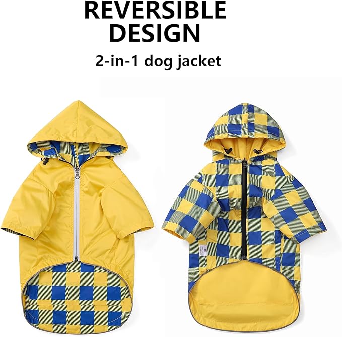 Dog Raincoat Dogs Waterproof Reversible rain Jacket Dog Small Medium Breeds Reflective Zipper Storage Pocket Harness Hole - Yellow - XS