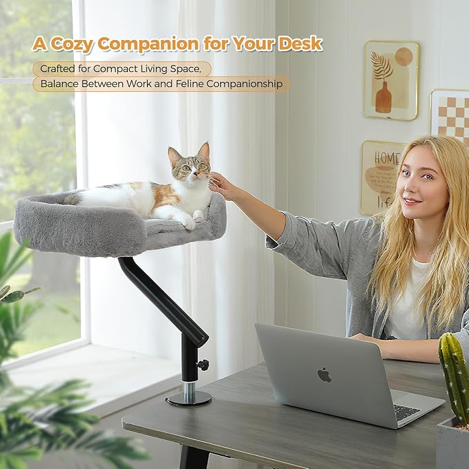 PAWZ Road Cat Desk Bed for Indoor Cats, Cat Bed for Desk Supports Up to 50 lbs, 360° Rotation & Adjustable, Nest Desktop Attachment Cats Hammock for Table, Gray