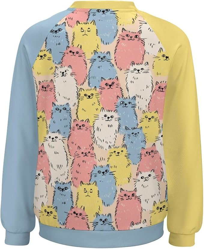 Abstract Cute Cat Shirts for Women Long Sleeve Lady Crewneck Pullover Sweatshirt Fall Winter Oversized Tops