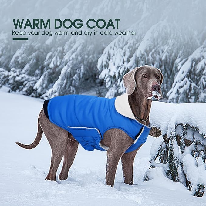 Kuoser Dog Coat Large, Cold Weather Reflective Waterproof Dogs Jacket with Warm Fleece Lining, Turtleneck Dog Winter Coat with Zipper, Doggy Snow Jacket Pet Coats for Small Medium Large Dogs, Blue L