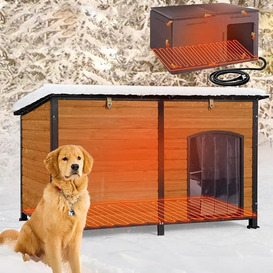 Aivituvin Heated Dog House Outdoor Extra Large 59" Dog Kennel with Insulation Liner Strong Iron Frame Construction Pet Cage with Insulted Liner Keep Warm in Winter Weatherproof Design, Heater Include