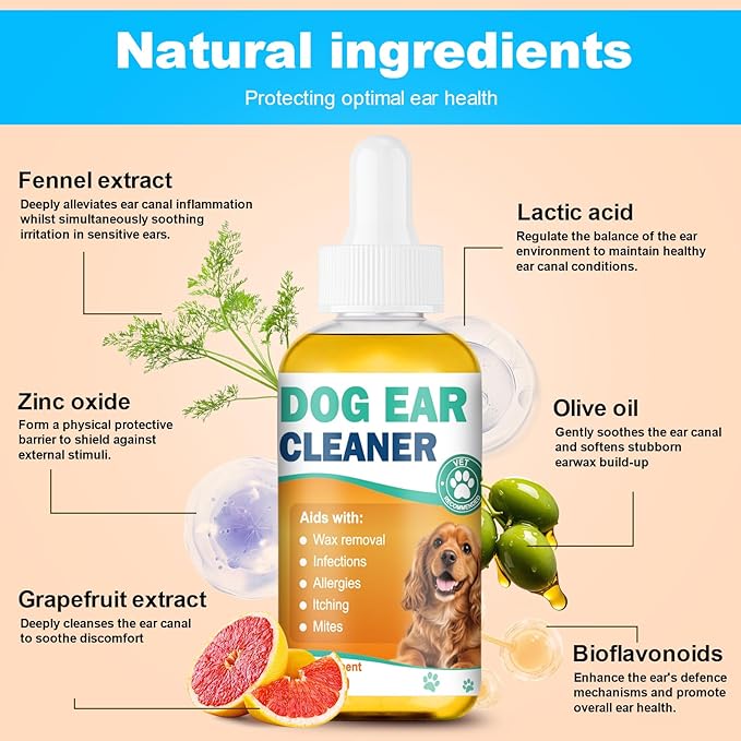 Dog Ear Cleaner and Infection Treatment,Natural Ear Drops for Dogs, Gentle Relief for Itching, Irritation, Wax Build-Up & Infections,Safe Ear Cleaning Solution for All Breeds & Ages