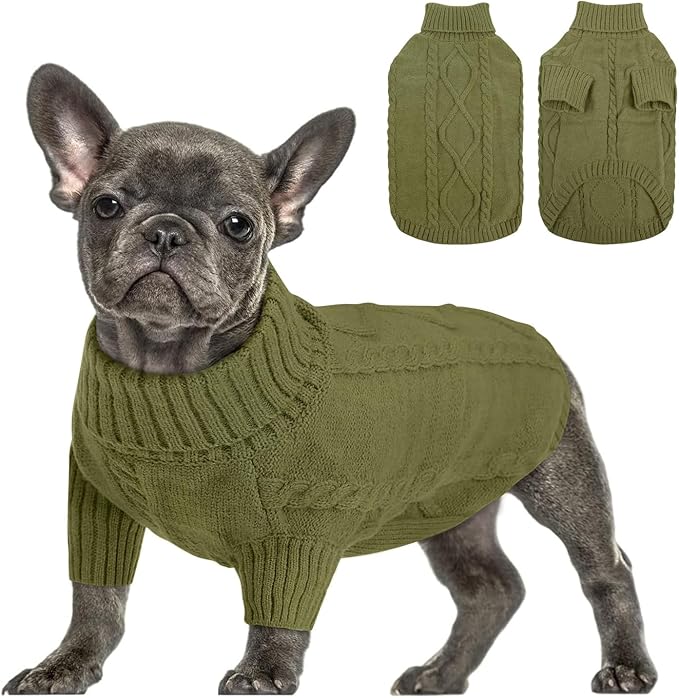 Queenmore Small Dog Pullover Sweater, Cold Weather Cable Knitwear, Classic Turtleneck Thick Warm Clothes for Chihuahua, Bulldog, Dachshund, Pugl,OliveGreen,XXL