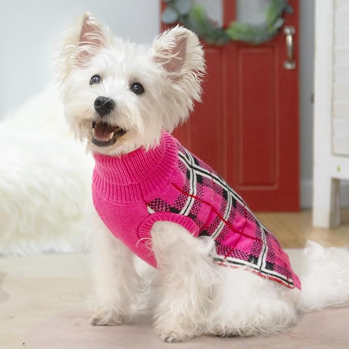 PUPTECK Dog Sweaters for Large Medium Small Dogs - Fall Classic Plaid Style Puppy Holiday Winter Coat Clothes Warm, Fuschia, M