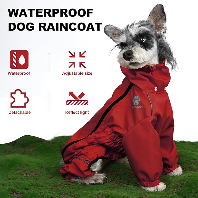 PINA Dog Raincoat, Waterproof Dog Rain Jacket with Hood, Lightweight Dog Rain Coat with Leash Hole, Dog Poncho with Reflective Strap and Pocket for Wet Weather, Full Wrap Design for Full Protection