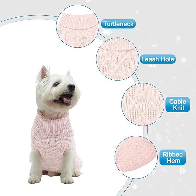 Mihachi Turtleneck Dog Sweater - Winter Coat Apparel Classic Cable Knit Clothes with Leash Hole for Cold Weather, Ideal Gift for Pet in New Year Rosy Small