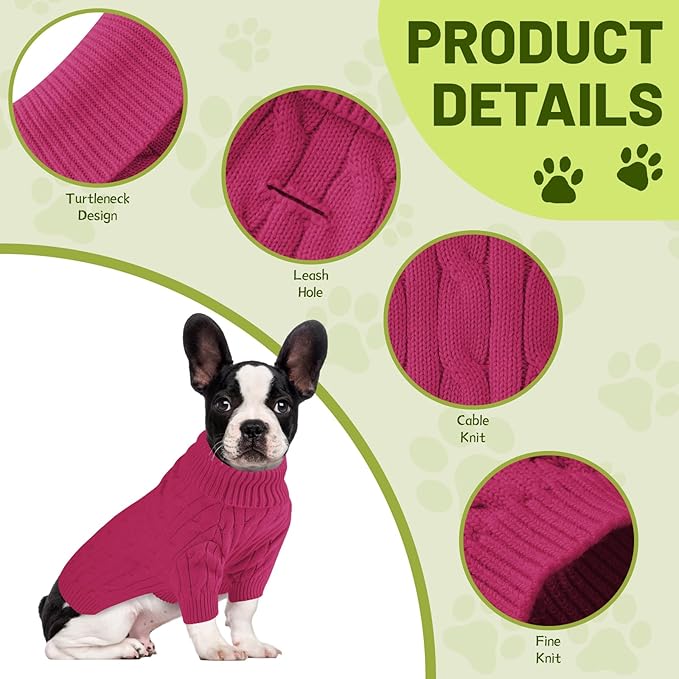 Small Dog Thermal Pullover Sweater, Classic Turtleneck Cable Knitwear Dog Clothes for Cold Weather Warm Pet Clothes for Chihuahua, Bulldog, Dachshund, Pug Hot Pink X-Large