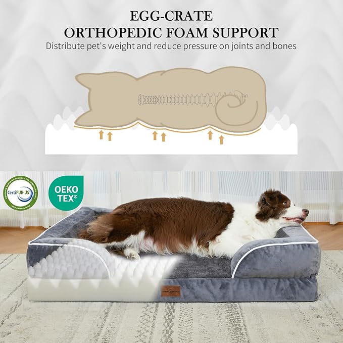 Comfort Expression Orthopedic Dog Bed for Medium Dogs 30x20 Inch, Waterproof Supportive Egg Crate Foam Medium Pet Bed with Removable Bolster, Dog Couch with Washable Cover & Non-Slip Bottom, Dark Grey