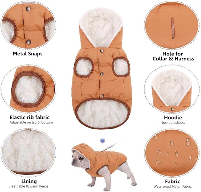 Fleece Hoodie, Windproof Waterproof Coat, Winter Warm Jacket, Cold Weather Pet Apparel Clothes Vest for Small Medium Large Dog Khaki, L
