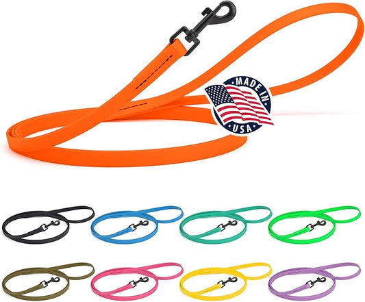 Dogline Biothane Waterproof Dog Leash Strong Coated Nylon Webbing with Black Hardware Odor-Proof Easy to Clean High Performance for Small or Large Dogs Made in USA 4 or 6 ft Lead, Hunter Orange