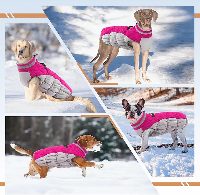 Large Dog Coat, XXLarge Dog Winter Coat, Waterproof Pet Jacket with Back Zipper,Extra Large Pet Coats, Warm Fleece Jacket with D-Ring, Windproof Winter Clothes Golden Retriever,Rose Red,XXL
