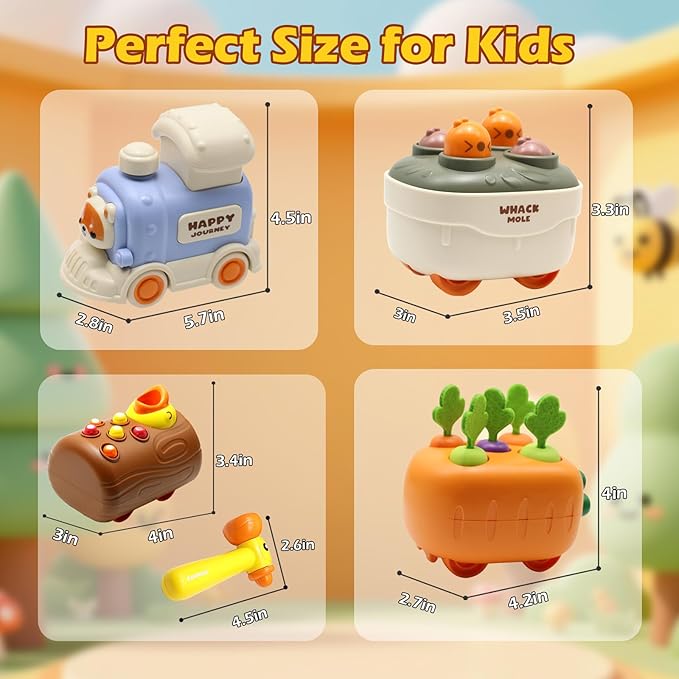 Press and Go Car Toys, Kids Push Car with Whack-A-Mole, Woodpecker Worm, Carrot Harvest Game, Car Racing Toy for Toddler Travel Toys, Baby Learning & Education Train Toys Birthday Boy Girl gift