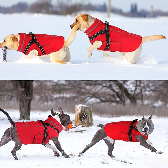 Doglay 2 in 1 Dog Coat with Harness Built-in, Waterproof Dog Winter Jacket with Pocket & Poop Bags, Reflective Adjustable Pet Winter Coat for Small, Medium, Large Dogs