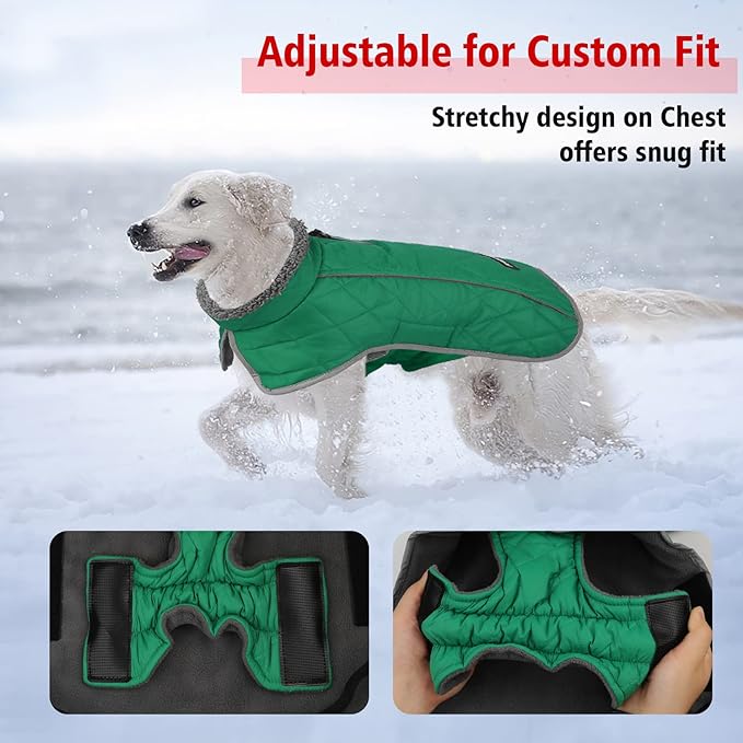 Fragralley Dog Coat Large, Waterproof Dog Jacket with Warm Fleece Lining, Adjustable Reflective Dogs Winter Coat, Turtleneck Pet Coats for Cold Weather (Green XXL)