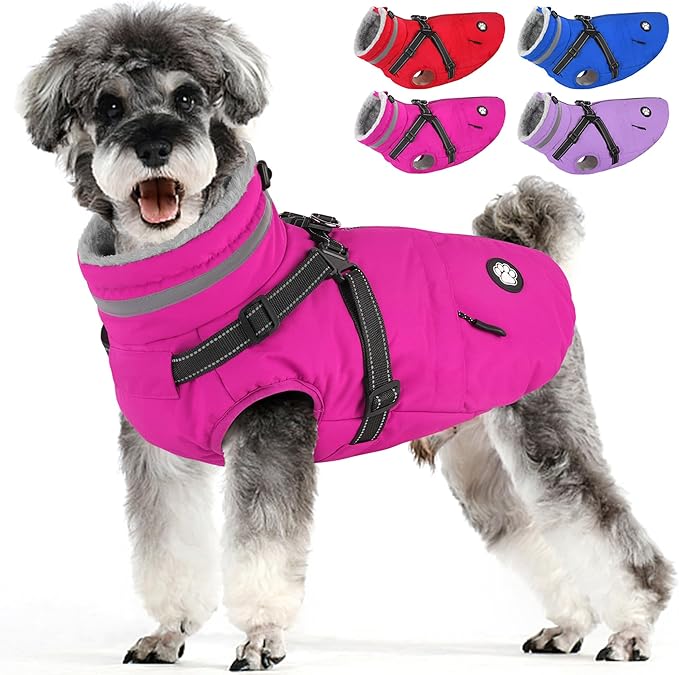Dogcheer Dog Coat with Harness, Waterproof Dog Jacket Christmas Pet Winter Coat with Pockets, Reflective Doggy Turtleneck Fleece Jacket for Small Medium Large Dogs - Pink, S