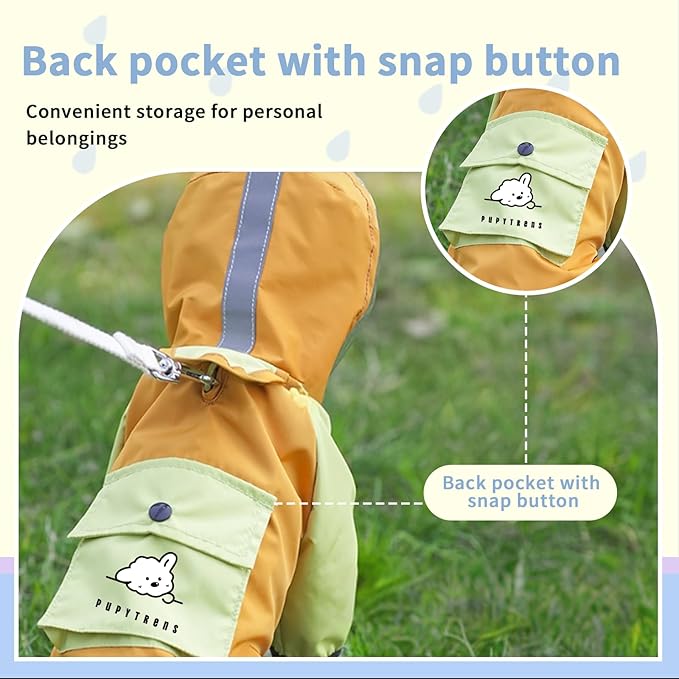 Dog Raincoat with Transparent Hood, Waterproof Jacket for Small Dogs with Snap-Button Chest, Leash Hole & Hook-and-Loop Cuffs Sleeves, Back Pocket for Treats (Blue, Large)
