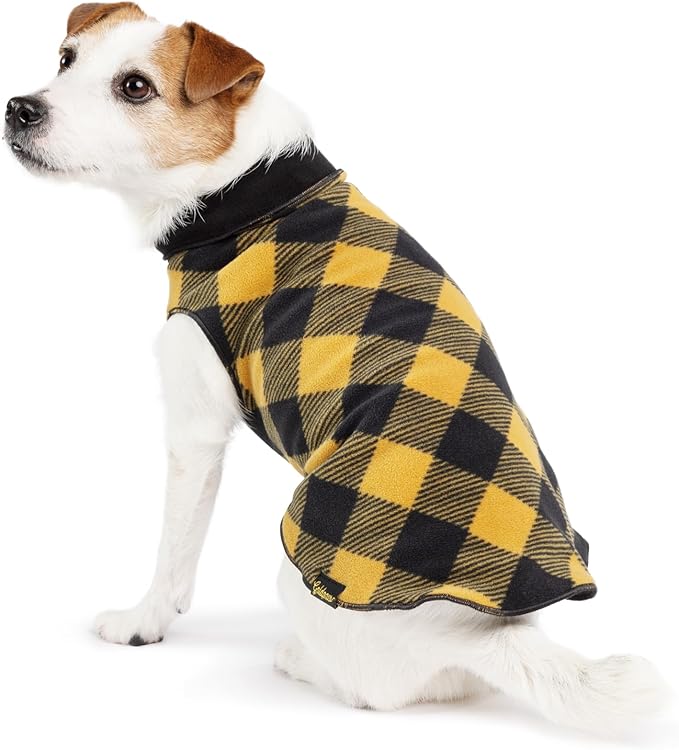 Goldpaw Duluth Double Fleece Dog Sweater Vest for Small Dogs - Soft, Stretchy Dog Fleece - Warm Pet Jacket for Fall and Winter - Pet Outerwear - Machine Washable - Gold Buffalo Check/Black - Size 6