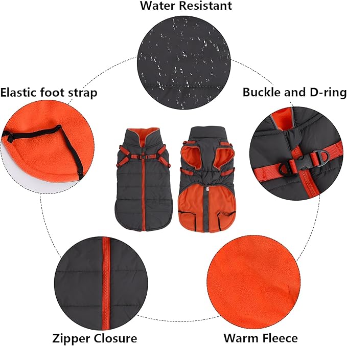 Geyecete Winter Warm Coat Waterproof Dog Winter Jacket with Harness Traction Belt,Windproof Pet Outdoor Jacket Dog Autumn-Gray-M
