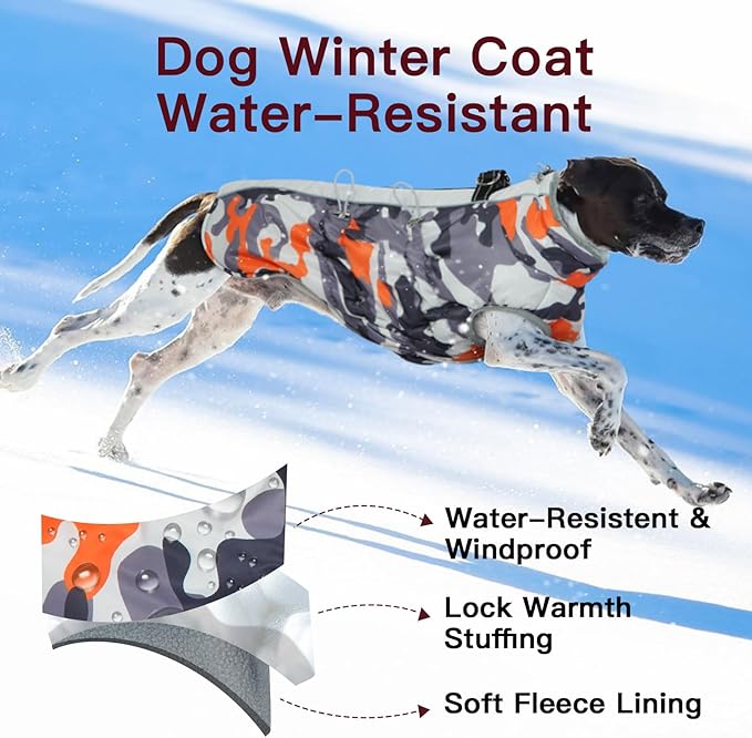 Medium Dog Coat Dog Winter Jacket Warm Dog Coat with Harness Reflective Dog Snow Jacket Water-Resistant Dog Vest Zip Up Snowsuitfor Medium Dogs Jack Russell, Mini Schnauzer Orange-Camouflage