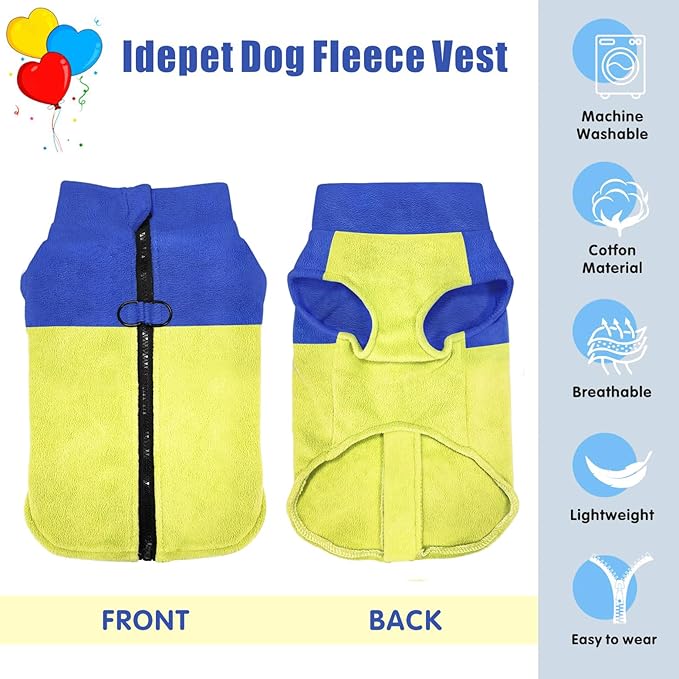 Idepet Dog Fleece Vest Sweater Zip Up Warm Pullover Dogs Jacket with D-Ring Leash Winter Cold Weater Coat Pet Sweatershirt Clothes Hoodie for Small Medium Dogs Boy Girl (Blue/Green, XXS)