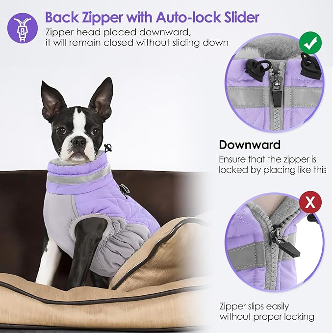 AOFITEE Dog Coat, Warm Dog Winter Coat, Reflective Cold Weather Dogs Puffer Jacket with Harness Built in, Waterproof Pet Fleece Vest Snowsuit for Small Medium Large Dogs, Lilac L