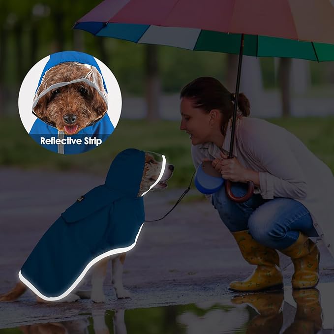 Lukovee Dog Raincoat, Adjustable Dog Rain Jacket with Clear Hooded Double Layer for Large Medium Small Dogs Puppies, Waterproof Rain Coat Poncho with Reflective Storage Pocket & Rim (Blue, XXL)