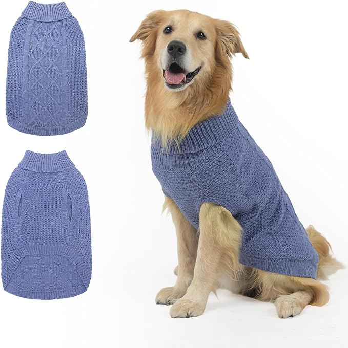 Mihachi Turtleneck Dog Sweater - Winter Coat Apparel Classic Cable Knit Clothes with Leash Hole for Cold Weather, Ideal Gift for Pet in New Year Grayish Blue L