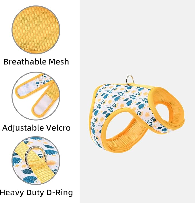 Mile High Life Dog Harness, Air Mesh Floral Vest Harness for 20 lbs Small Dogs & Cats, Easy Get on Adjustable Easy Closures Both Neck and Chest(Yellow Flower, XS Chest 14"-16")