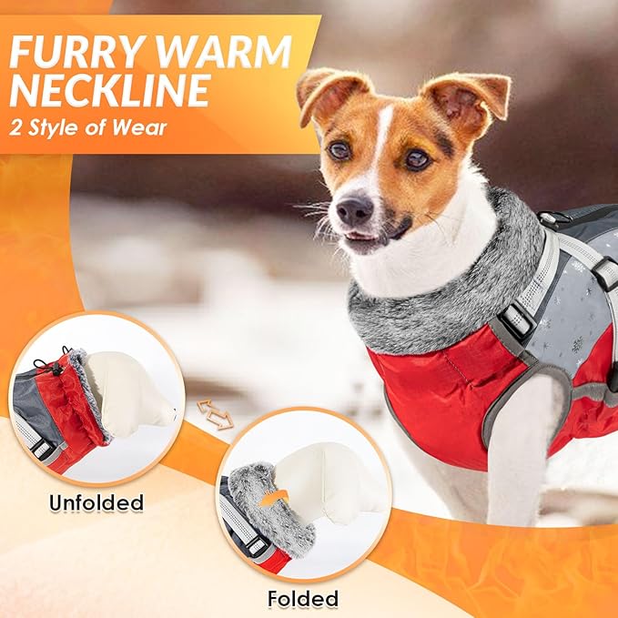 SlowTon Dog Jacket with Harness Built in - Waterproof Fleece Winter Warm Dog Coats for Small Medium Dogs, Reflective Adjustable Furry Puppy Vest Clothes for Outdoor Walking (Red & Black,M)
