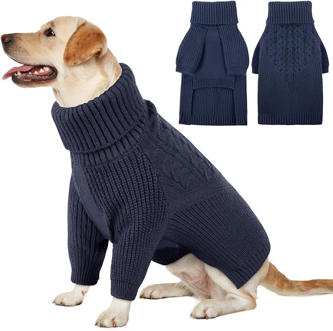 Queenmore Large Dog Sweater for Girl or Boy, Christmas Sweatshirt, Winter Puppy Knitwear, Pet Chunky Warm Coat for Small Medium Dogs, NavyBlue L