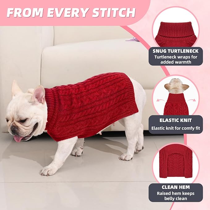 2 Pack Dog Sweaters for Medium Dogs Turtleneck Pullover Cable Knit Stretch Clothes French Bulldog Dachshund Boston Terrier Corgi Beagle Pug Boy Girl Pets Winter Clothes (L, Pink & Red)