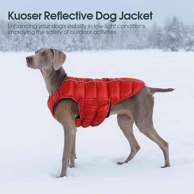Kuoser Dog Puffer Jacket Warm Dog Coat for Large Dogs, Windproof Reflective Pet Padded Vest Cold Weather Clothes Puppy Snowsuit with Hook & Loop Coats, Easy On/Off, Red XL