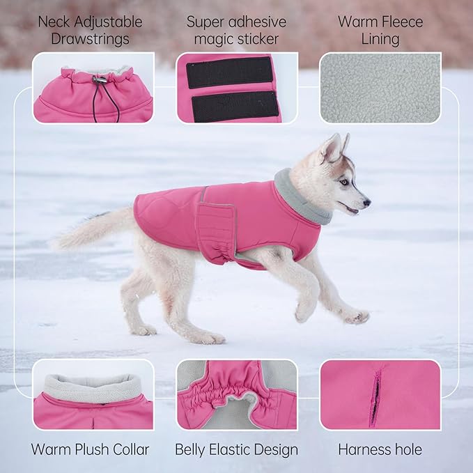 BRKURLEG Dog Winter Jacket, Warm Dog Winter Coats for Small and Medium Large Dogs, Reflective Adjustable Pet Cold Weather Coats, Waterproof Dogs Snow Jacket Clothes Fleece Vest (L, Rose Red)