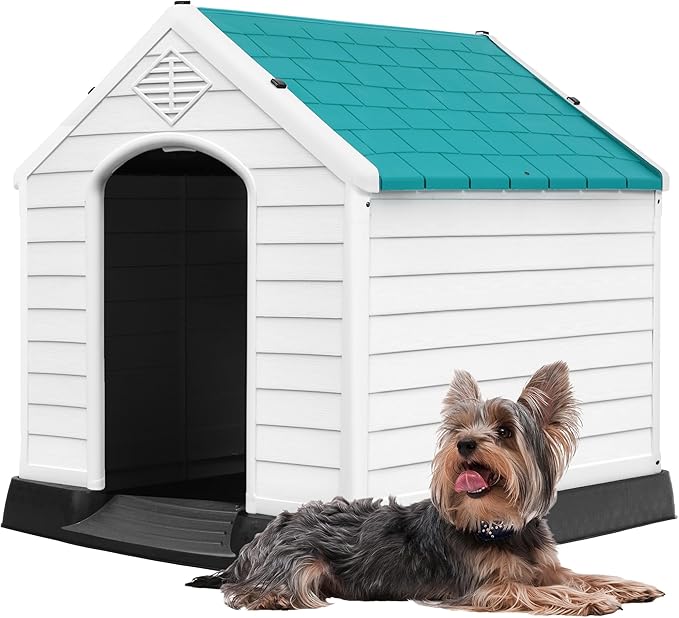 DWVO Plastic Dog House, Weatherproof Outdoor/Indoor Doghouse, Puppy Kennel with Air Vents and Elevated Floor