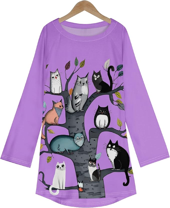 Womens Tunic Shirt Cute Cat Print Long Sleeve Round Neck Women T Shirts Cotton Casual Plus Size Vacation Tunics Tops