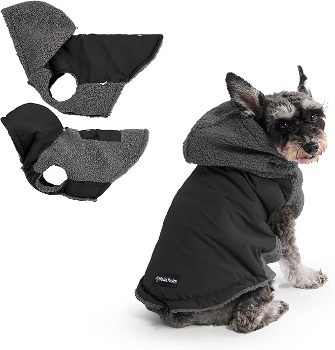 Spark Paws Reversible Dog Sweater, Sherpa Vest with Warm Fleece Lining, Warm Coat for Winter, Suitable for Small Medium, Large, XL XXL Dogs - Black and Grey - S