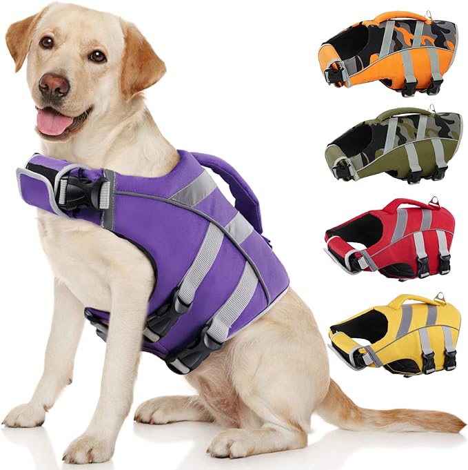 Kuoser Life Jacket with Reflective Stripes, Adjustable High Visibility Dog Vest Ripstop Lifesaver Pet Life Preserver for Small Medium and Large Dogs