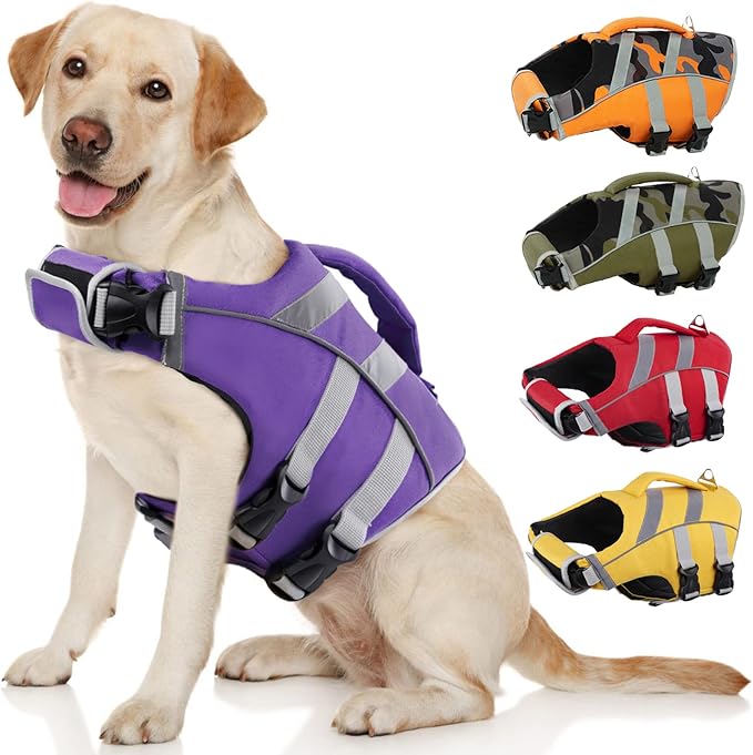 Kuoser Dog Life Jacket with Reflective Stripes, Adjustable High Visibility Ripstop Pet Life Preserver for Small, Medium and Large Dogs