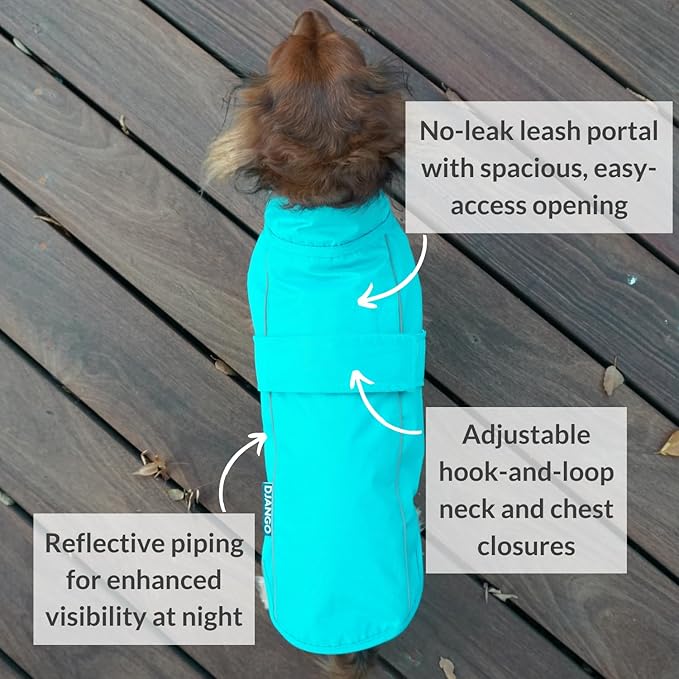 DJANGO Dog Jacket & Raincoat – Lightweight Water-Resistant Coat for Small, Medium & Long Dogs Like Dachshunds – Reflective, Adjustable Fit, Harness-Compatible & Easy-Access Harness Hole - Blue, Small