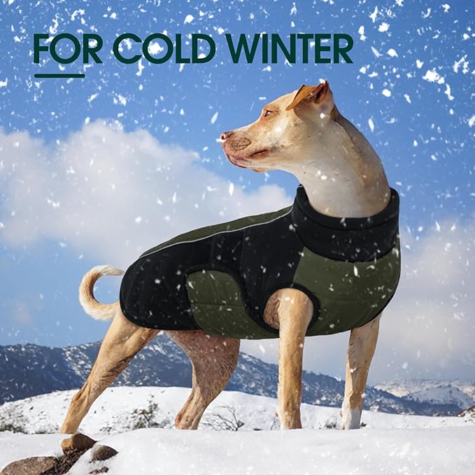 Kuoser XXXL Dog Coat, Dog Jackets for Large Dogs, Reflective Pet Winter Coat Cold Weather Coats, Doggie Snow Jacket Warm Apparel Clothes for Great Dane, Green XXXL