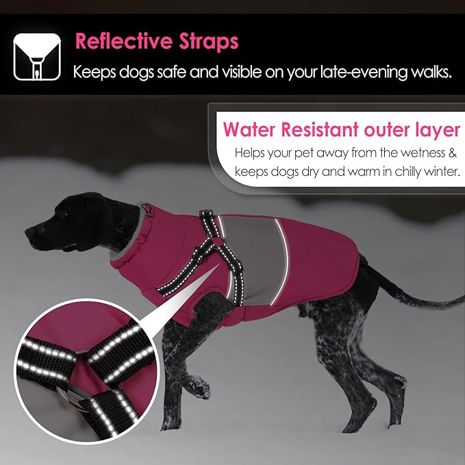 AOFITEE Dog Coat Warm Dog Winter Coat, Waterproof Dogs Jacket with Harness, Dogs Snow Jacket Snowsuit with Zipper & Furry Collar, Reflective Windproof Pet Sweater for Cold Weather, French Bulldog, L