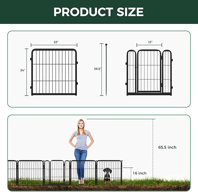 FXW Garden Fence Outdoor for The Yard – 24in(H) x 15.2ft(L) Heavy Duty Metal Animal Barrier for Dog and Rabbit, Decorative Dog Fence, 8 Panels, Black