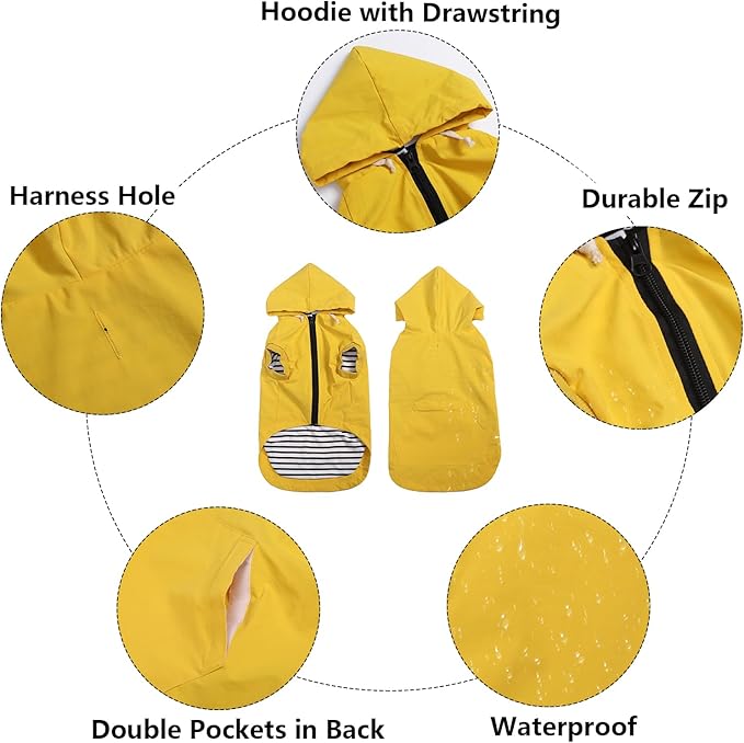 Dog Raincoat rain Jacket Dogs Waterproof fit for Small Medium Breeds Zipper Closure Pocket Storage in Cold Day - Yellow - L