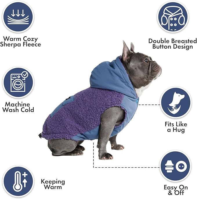 Spark Paws Reversible Dog Sweater, Sherpa Vest with Warm Fleece Lining, Warm Coat for Winter, Suitable for Small Medium, Large, XL XXL Dogs - Purple and Navy Blue - L