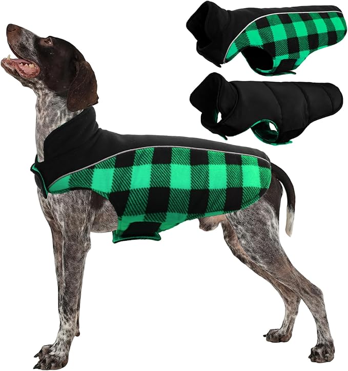 Kuoser Dog Winter Coat, Reversible Waterproof Dog Jacket with Reflective Strip, Warm Dogs Fleece Vest Adjustable Doggy Cold Weather Clothes Plaid Christmas Outfit Pet Apparel for Medium Dogs, Green M