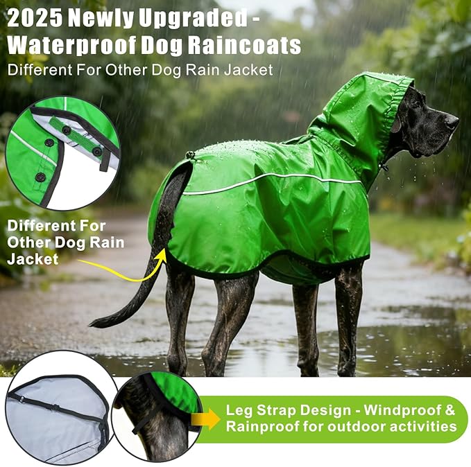 Mosucoirl Dog Raincoat Jacket Reflective Adjustable Hooded Pet Poncho Rain Coats with Leash Hole Waterproof Clothes for Small Medium Large Dogs (Green, L)