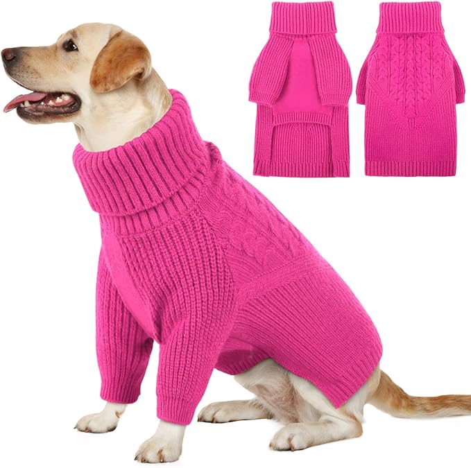 Queenmore Large Dog Sweater, Dog Sweaters for Large Dogs Girl or Boy, Large Dog Christmas Sweater, Winter Puppy Doggie Sweatshirt Knitwear, Pet Chunky Warm Coat for Small Medium Size Dogs, Fuchsia L